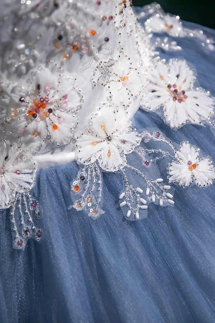 White Floral Print Tulle Long Prom Dress, Beautiful A-Line Party Dress